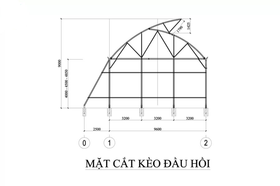 Bản vẻ nhà lưới công nghệ cao 1 mái hở