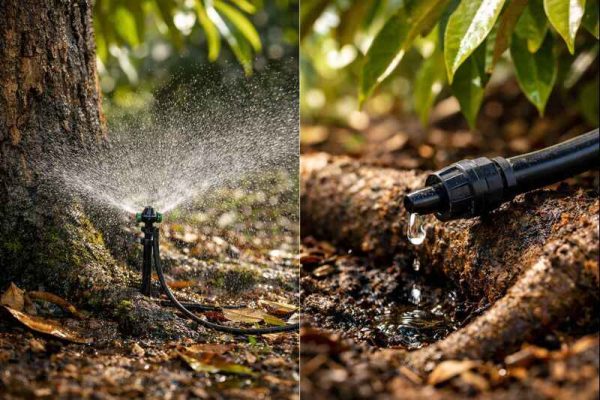 So sánh tưới nhỏ giọt và tưới phun mưa cho cây sầu riêng