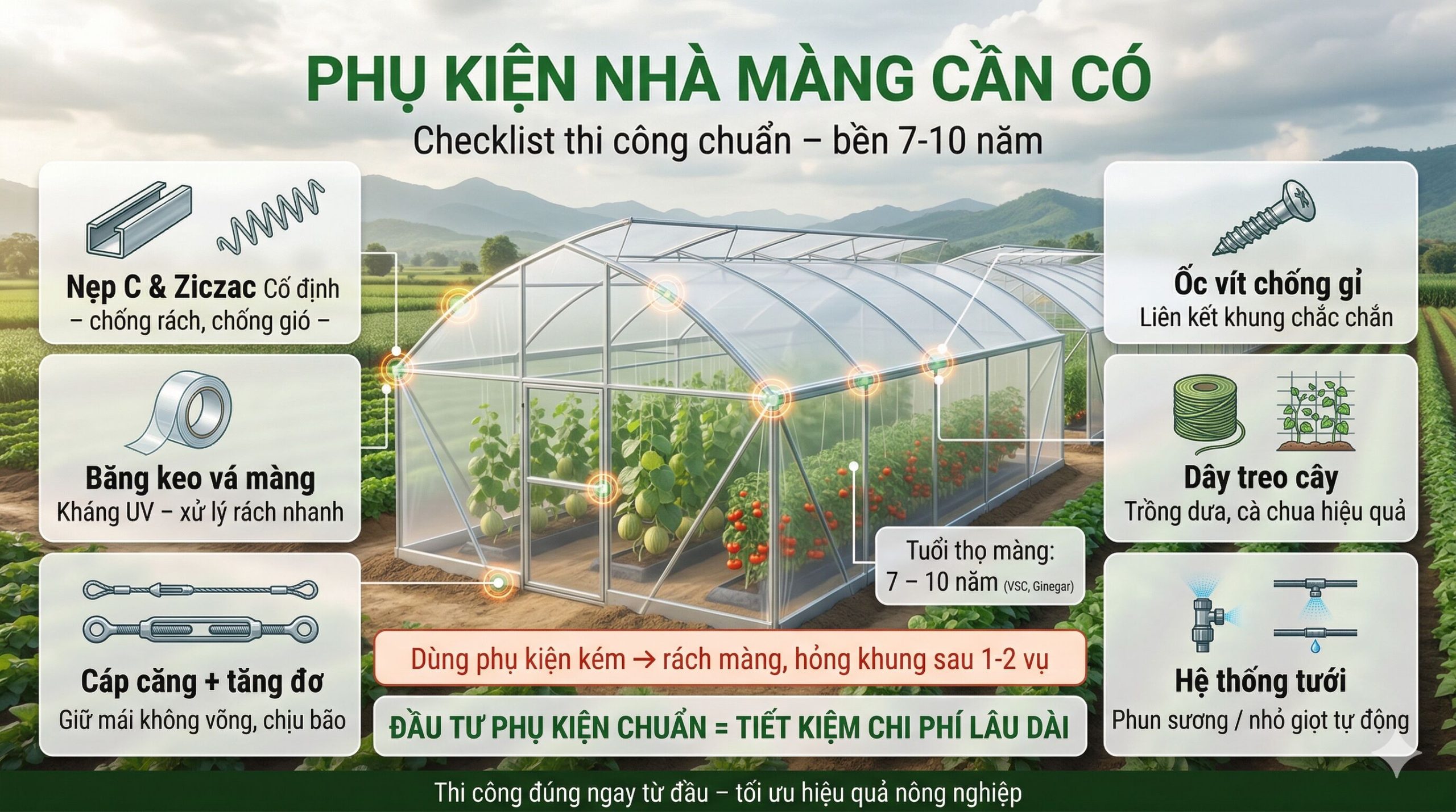 Phụ kiện nhà màng cần có khi thi công